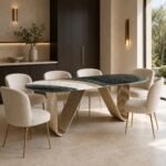 Masă de dining Giada cu blat mineral verde și baze lamelare champagne – ambient de dining generat