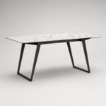 Masă de dining Vertex cu blat marmorat alb și cadre trapezoidale – perspectivă alternativă generată