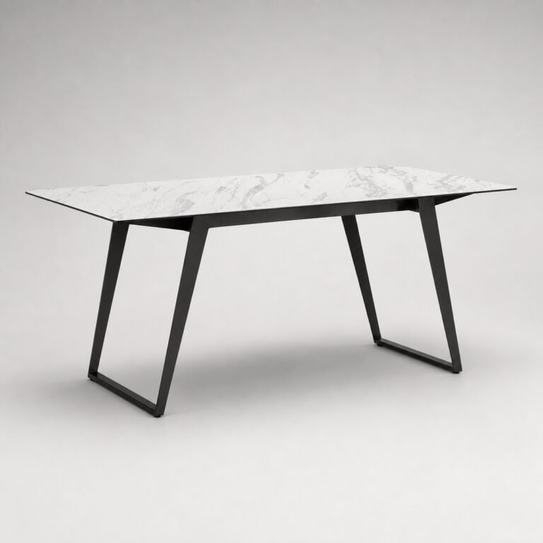 Masă de dining Vertex cu blat marmorat alb și cadre trapezoidale – perspectivă alternativă generată