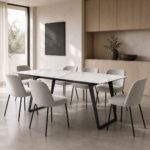 Masă de dining Vertex cu blat marmorat alb și cadre trapezoidale – ambient de dining generat