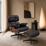 Fotoliu lounge Heritage cu carcasă din nuc și taburet – ambient contemporan de lectură generat