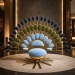 Fotoliu de accent Pavo cu spătar radial – ambient de lobby contemporan generat