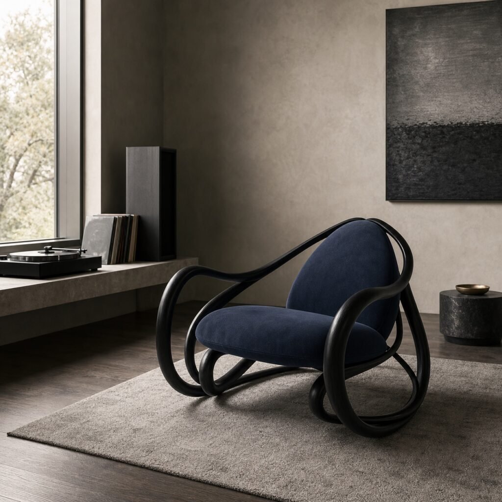 Fotoliu sculptural din lemn curbat într-un interior contemporan