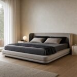 Pat tapițat Virgin într-un dormitor minimalist cald