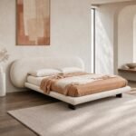 Pat tapițat Wabi cu tăblie arcuită tip capsulă, imagine ambientală generată într-un dormitor contemporan