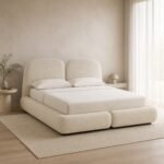 Pat tapițat Somnia cu tăblie dublă și cadru modular, imagine ambientală generată