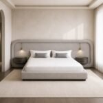 Pat tapițat Calabria cu tăblie panoramică și noptiere integrate, imagine ambientală generată