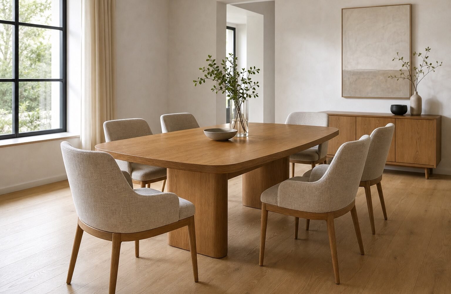 Masă de dining din lemn cu șase scaune tapițate într-un interior contemporan luminos