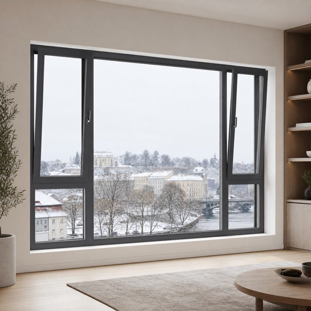 Fereastră din aluminiu antracit la comandă cu panou central fix și cercevele laterale