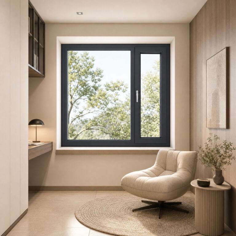 Fereastră din aluminiu cu geam termoizolant montată într-un interior luminos