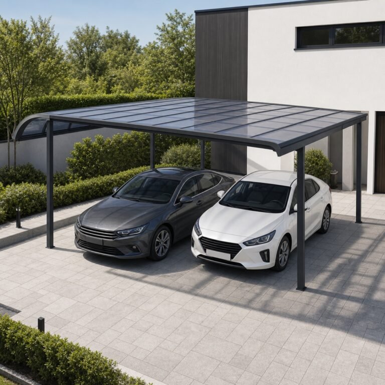 Configurație de carport din aluminiu pentru două autovehicule